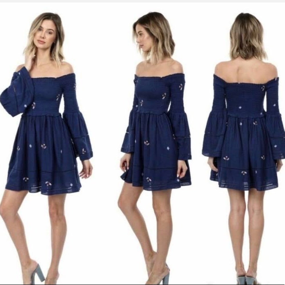 Free People Navy Off-Shoulder Embroidered Mini Dress